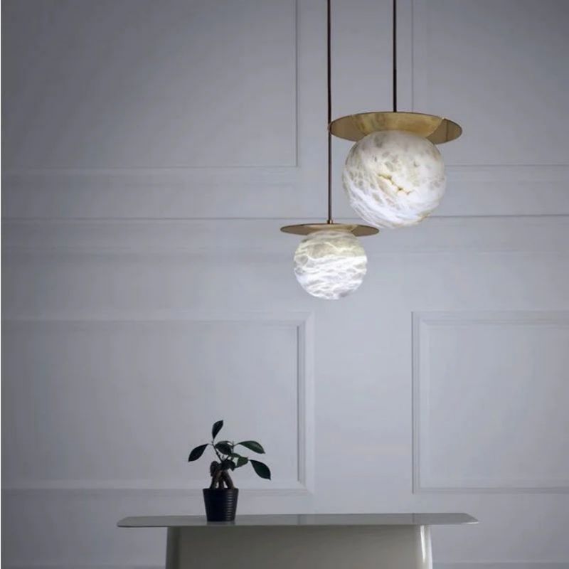 Alabaster Sphere Pendant Light Above Bed - detail 2